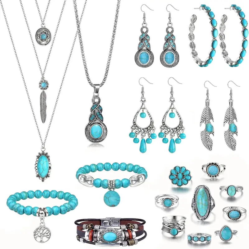 Bohemian Turquoise Jewelry Set for Women Western Jewelry Vintage Turquoise Pendant Necklace Bead Bracelet Leather Cuff Bracelet Dangle Earrings Knuckle Rings Boho Jewelry