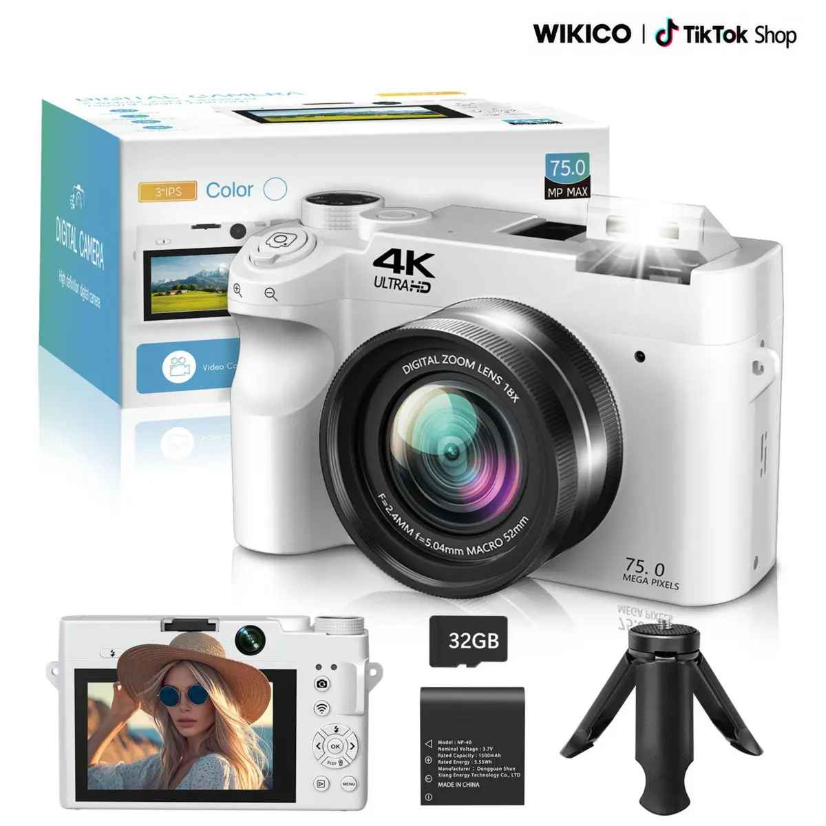75MP 4K HD Digital Point & Shoot Camera - Autofocus Portable Pocket Vlogging Device for Content Creators, 18X Zoom, 3.0" LCD Screen, 32GB Memory Card, 1 Battery, 1 Tripod, Compact Travel Gear for Photography Beginners, Hd Camera