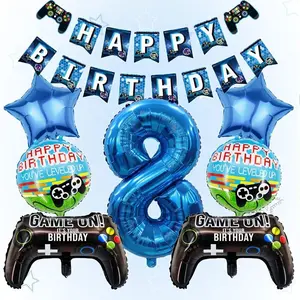 8pcs Blue Number Game Controller Aluminum Foil Balloons, Party Theme Balloon Set, Birthday Decoration, Kids' Party Supplies