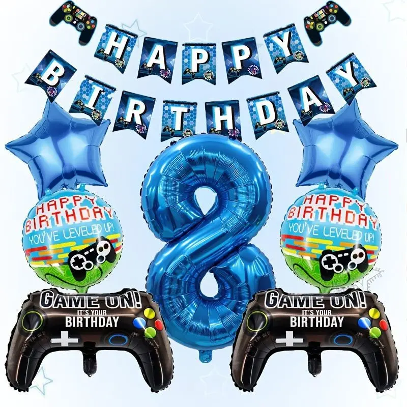 8pcs Blue Number Game Controller Aluminum Foil Balloons, Party Theme Balloon Set, Birthday Decoration, Kids' Party Supplies, Party Balloons Decorations