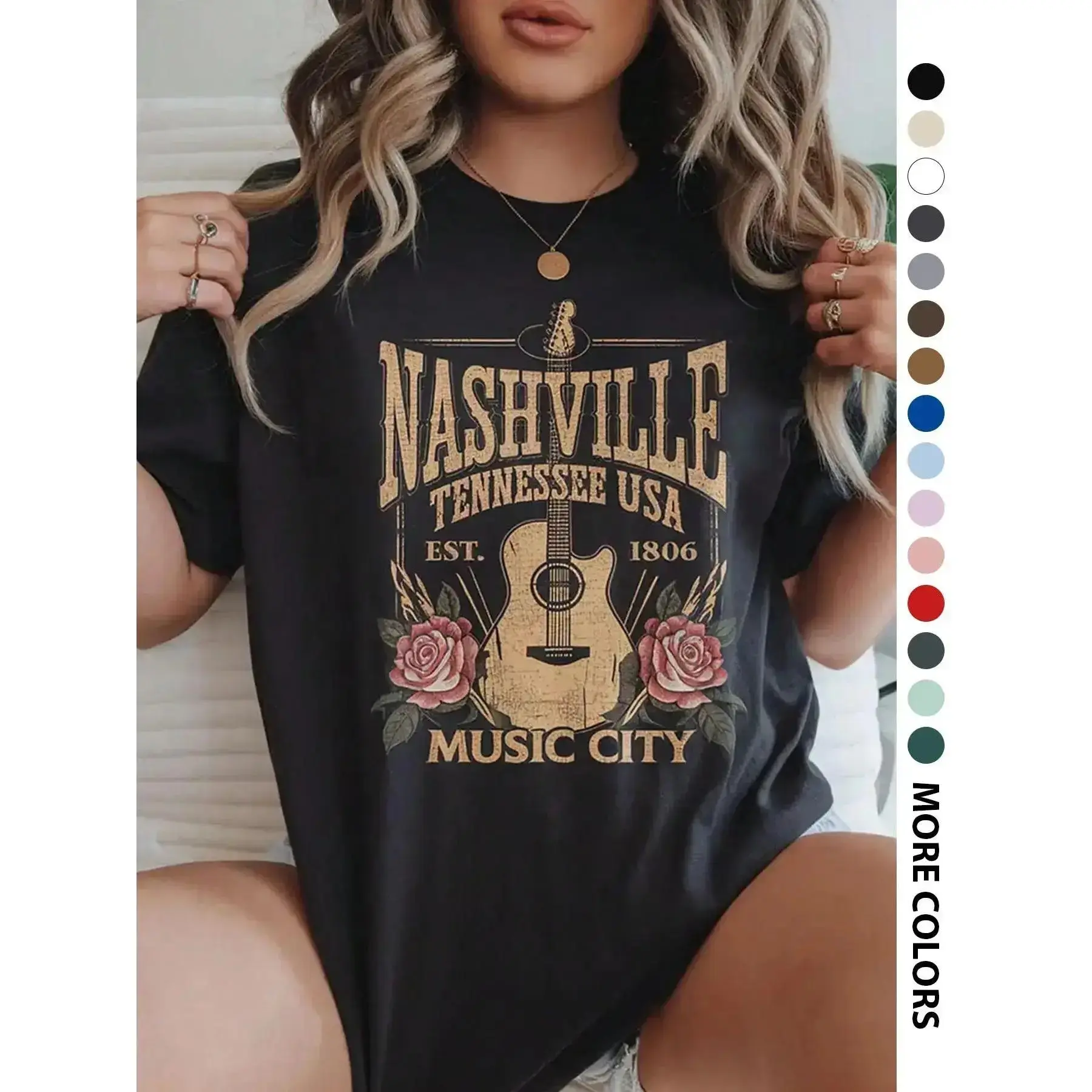 Nashville Tennessee Music City Graphic T-Shirt, Vintage Acoustic Guitar Rose Print Oversized Crew Neck Tee, Women's Short Sleeve Country Western Cotton Top, Trendy Retro Aesthetic Shirt for Music Lovers, Country Fans and Streetwear Enthusiasts