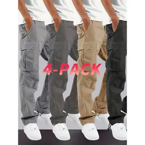 4pcs Men'S Cargo Pants - Loose Fit, Multi Pockets, Machine Washable, Ideal for Outdoor Activities in Spring & Autumn Menswear Trouser sweatpants men Fabric Musical Beige Multicolor Plain linen pants outfits parachute pants outfits the black bottoms