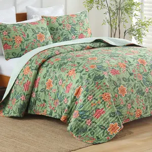 2/3 pcs Green Floral Printed Quilt Set Quilted Bedspread Lightweight Coverlet Set Garden Style Quilted Bedding Set with Shams for All Season, Without Filler, Machine Washable