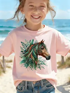 Children's summer comfortable "Flower Wild Horse" pattern, outdoor casual sports - girls' cartoon printed T-shirt