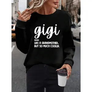 Women's "Gigi Like Grandma But Cooler" Letter Print Crewneck Sweatshirt - Vibrant Green Geometric Pattern, Soft Casual Pullover, Suitable For Autumn And Spring, Machine Washable, Durable Fabric