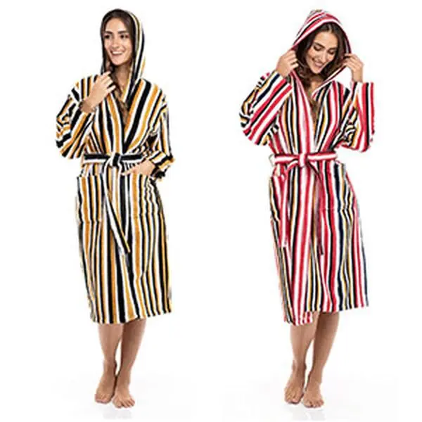 SKYLINEWEARS Ladies 100% Terry Cotton Towelling Hooded Multi Color Striped Spa Gown Bathrobe