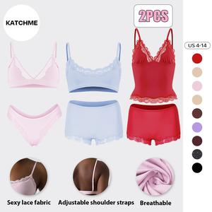 KatchMe Women's Soft Lace Series Spaghetti Strap Lace Trim Wirefree Quick-Drying Bralette & Panties Set, Casual Lightweight Flattering Underwear Set, Breathable Womenswear
