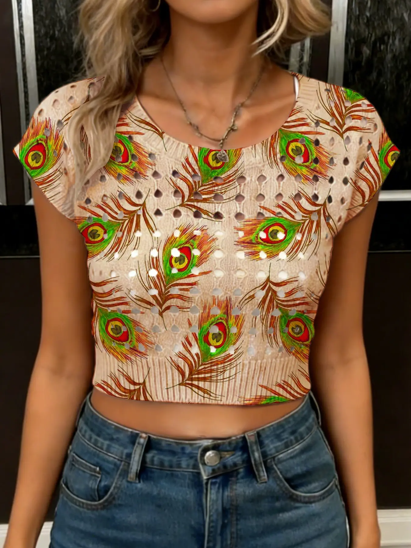 Women's Peacock Feather Print Round Neck Short Sleeve Knit Sweater, Casual Breathable Hollow Out Design, All Seasons Fashion Top