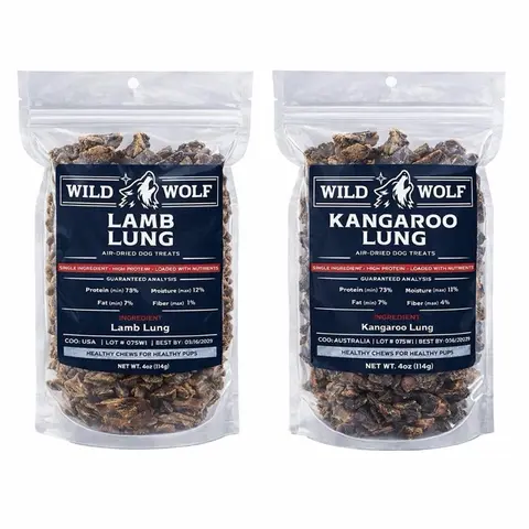 Wild Wolf Kangaroo and Lamb Lung Bundle (4 Oz. Bags) Healthy Dog Chew Treats - Ethically Sourced Human Grade Kangaroo and Lamb Lung - Single-Ingredient - Australia and USA- Free Fast Shipping