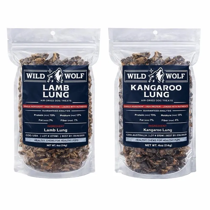 Wild Wolf Kangaroo and Lamb Lung Bundle (4 Oz. Bags) Healthy Dog Chew Treats - Ethically Sourced Human Grade Kangaroo and Lamb Lung - Single-Ingredient - Australia and USA- Free Fast Shipping