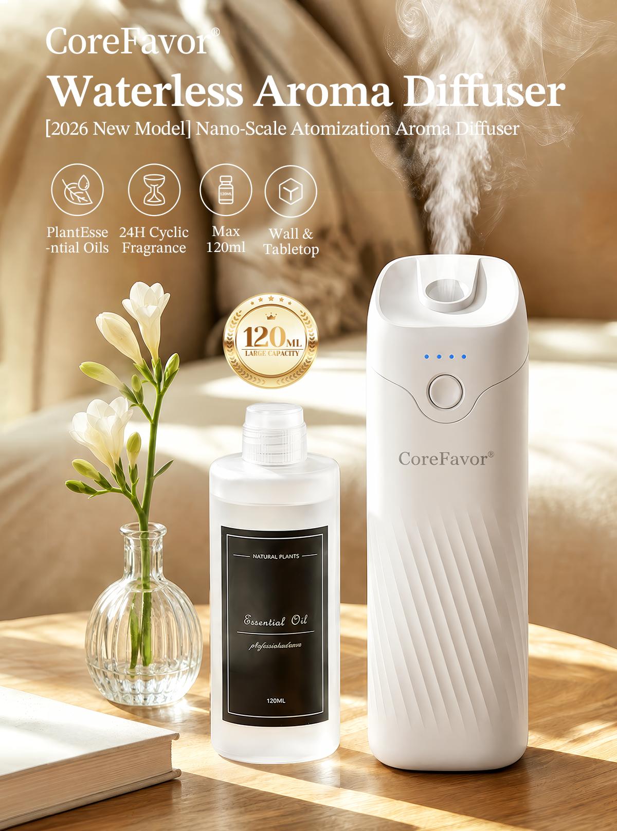 CoreFavor Waterless Essential Oil Diffuser - 120ml Cordless Compact Form Portable Unit, USB Rechargeable Batteries, Wall Mount, 4 Adjustable Fragrance Levels, Quiet Small Footprint Humidifier for Bathroom, Bedroom, 0.12L