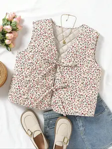 Women's Floral Sleeveless Vest Jacket, Casual Fitted Woven Fabric, Thick Fall & Winter Outerwear, Stylish Women's Clothing