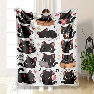 Cute Black Cat Flannel Blanket Kawaii Cartoon Kitten Print Soft Warm Cozy Plush Throw Lightweight Fuzzy Sherpa Blanket for Sofa Couch Bed Office Nap Gift Lounge Home Decor Relaxing Moments