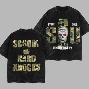 WWE School Of Hard Knocks Stone Cold Retro Unisex Acid Washed T-Shirt 100% Heavy Cotton Workout Tee Men's Sport Outfit Gym Muscle Training T-Shirt Gift for Man Crewneck Premium Fabric
