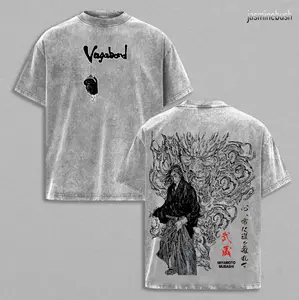 Miyamoto Musashi Vagabond Vintage Washed T-Shirt, Samurai Warrior Ink Style Manga Tee, Oversized Heavy Cotton Streetwear Top, Retro Japanese Brush Art Graphic Shirt, Unisex Gift for Anime & Manga Fans