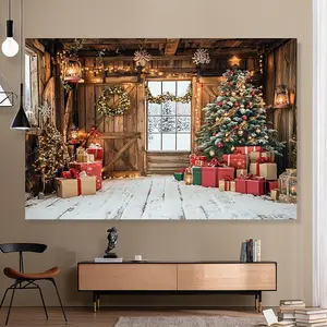Festive Print Polyester Christmas Tree & Country Barn Banner - Decoration for Birthday, Country Theme Home Supplies, Indoor Photography Backdrops