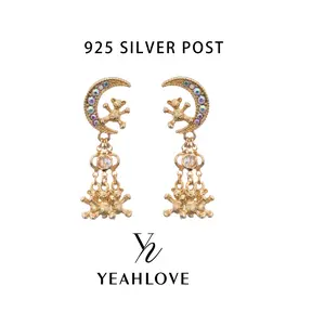 YEAHLOVE Whimsical Moon & Teddy Bear Drop Earrings  925 sterling silver posts — hypoallergenic, sensitive ears friendly. Iridescent crystal tassel dangle style. Playful, elegant, and perfect for gifting.