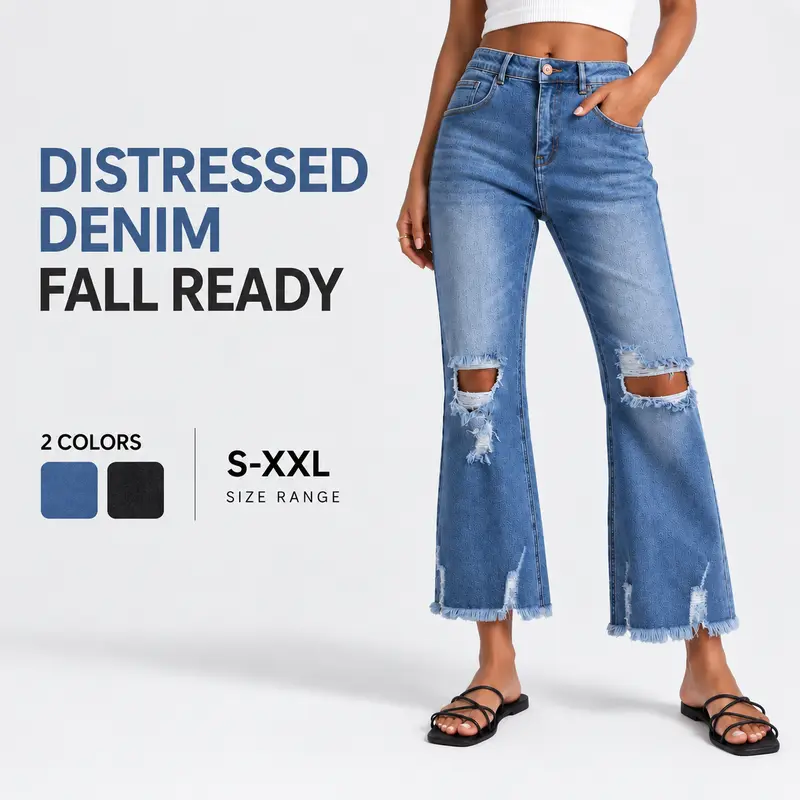 FireSwan Women's Classic Fitted Ripped Straight-Leg Jeans - 94%cotton 4%polyester 2%spandex Distressed Washed Denim, Frayed Raw Hem Streetwear Bottoms, All Seasons Basic Casual Pants