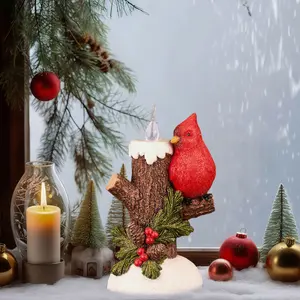 Christmas Robin Candle Resin Figurine, Lifelike Bird Standing on Branch, LED Electronic Candle Light, Battery Operated, Holiday Decor, Battery Powered Ornament