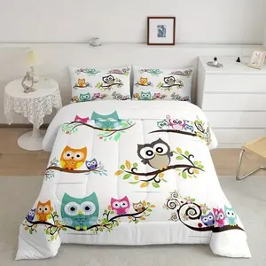 3-piece Cute Pet Owl Pattern Bedding Set - Soft, Lightweight, Breathable Bedding with 200gcm Quilted Fill, Includes 1 Quilt and 2 Pillowcases (excluding Pillow Core) - Perfect for Home or Dormitory Use