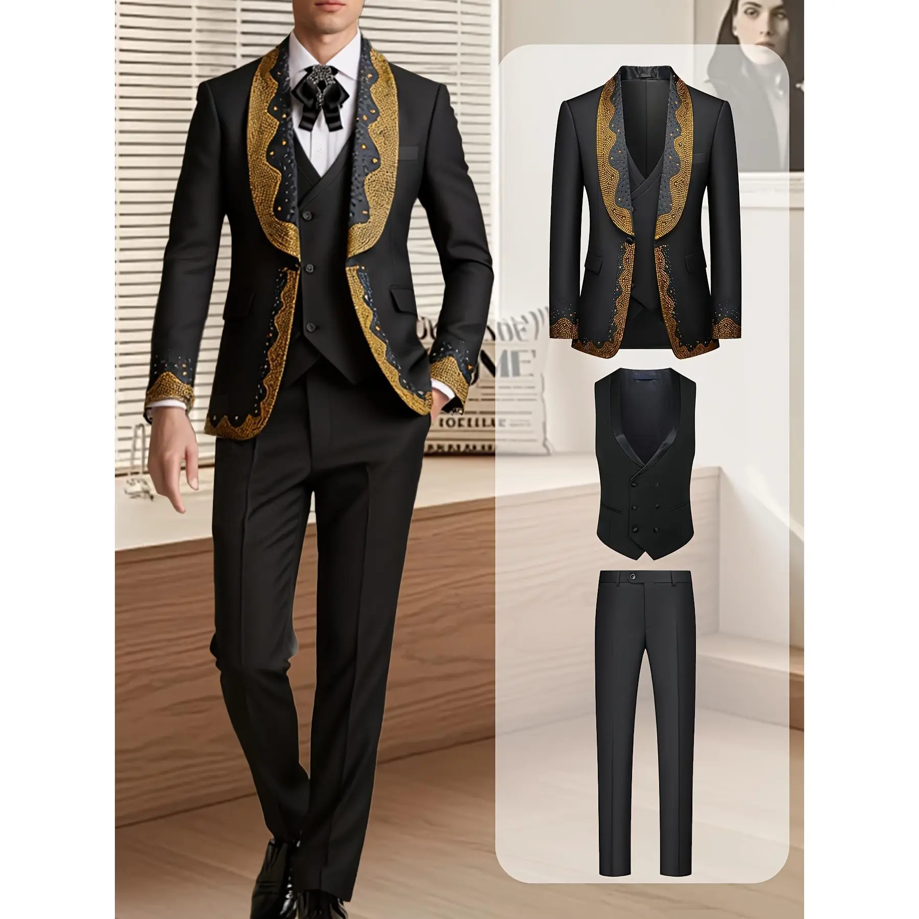 Men's 3-Piece Formal Suit in Fitted Polyester, Sparkling Gold Rhinestone Blazer with V-Neck Vest and Trousers for Wedding & Prom, Rhinestones, Black Gold, Tailored Fit, All Season, M, Plain, Dry Clean, Elegant, Button, Lapel