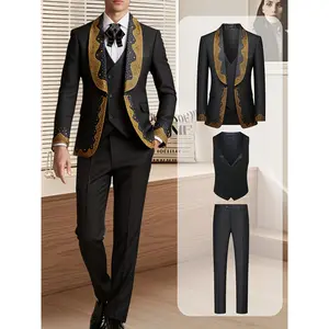 Men's Black Gold Rhinestone 3-Piece Tuxedo, Shawl Lapel Formal Blazer Vest & Trousers Set