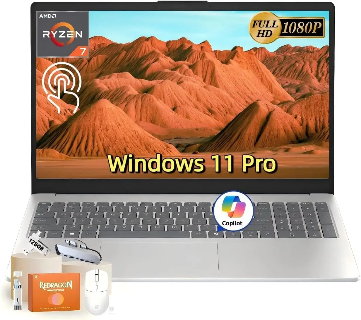 HP 15.6-Inch FHD Touchscreen Laptop Computer - AMD Ryzen 7 7730U (8 Cores), 16GB RAM, 512GB SSD, Anti-Glare LED Display, Wi-Fi 6, BT 5.4, Copilot Key, Free Office 365 for the Web, Windows 11 Pro, Portable Laptops, W/Accessories