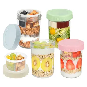 16 oz Overnight Oats Containers with Airtight Lids - 4-Pack Leak-Proof Wide Mouth Mason Jars & Divided Cups for Dried and Wet Foods, Glass Jars