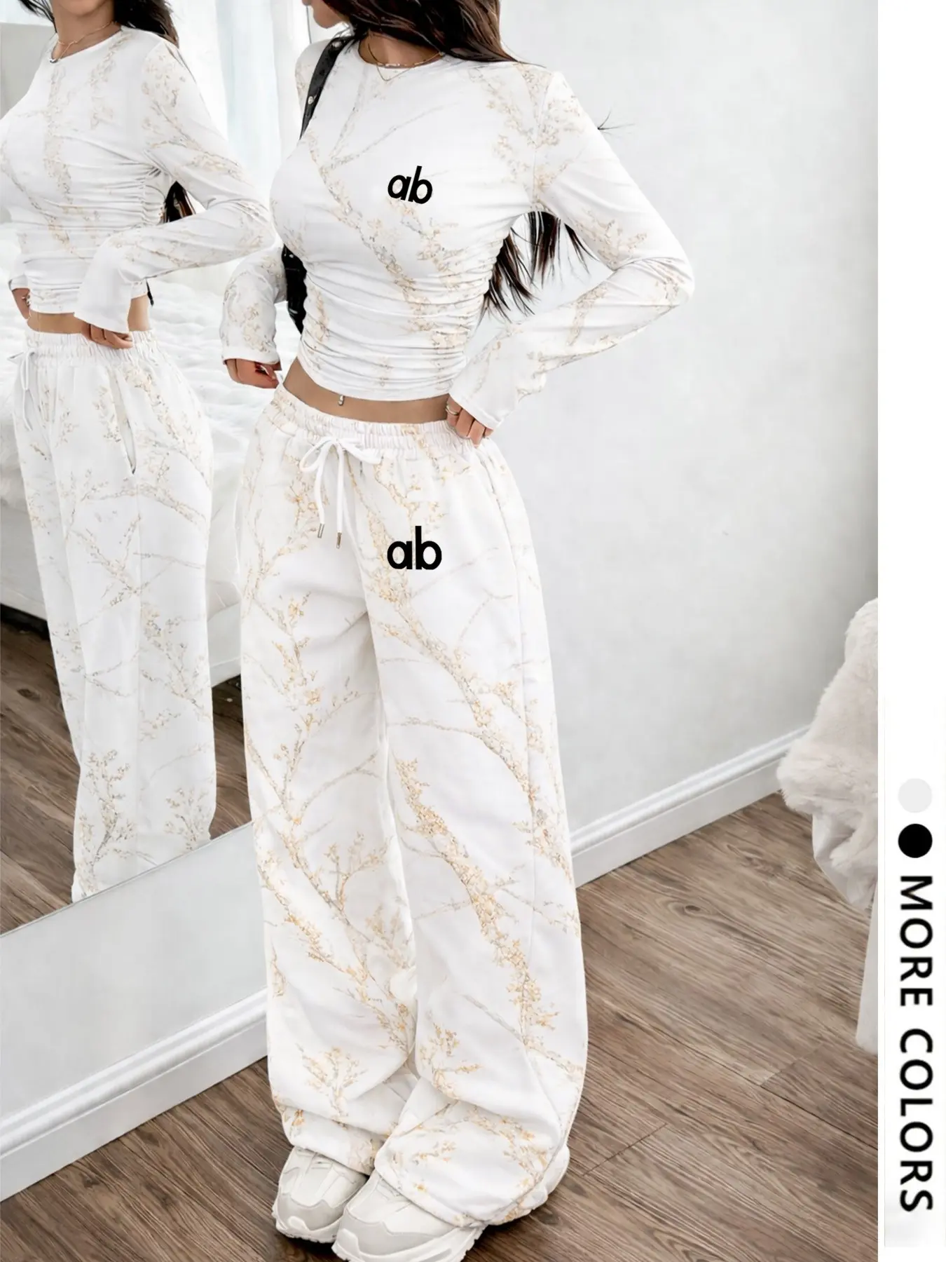 Women's Two-Piece Set, Round Neck Long Sleeve Top, Straight Leg Pants, Plant Print, Drawstring Design, Comfortable Fabric, Casual Style