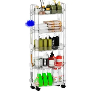 5 Tier Slim Rolling Storage Cart with Wheels for Small Space,Clear Modern Design Slim Utility Cart Suitable as Bathroom Cart Organizer Shelf,Skinny Bathroom Storage Rack,Narrow Laundry Cart on Wheels