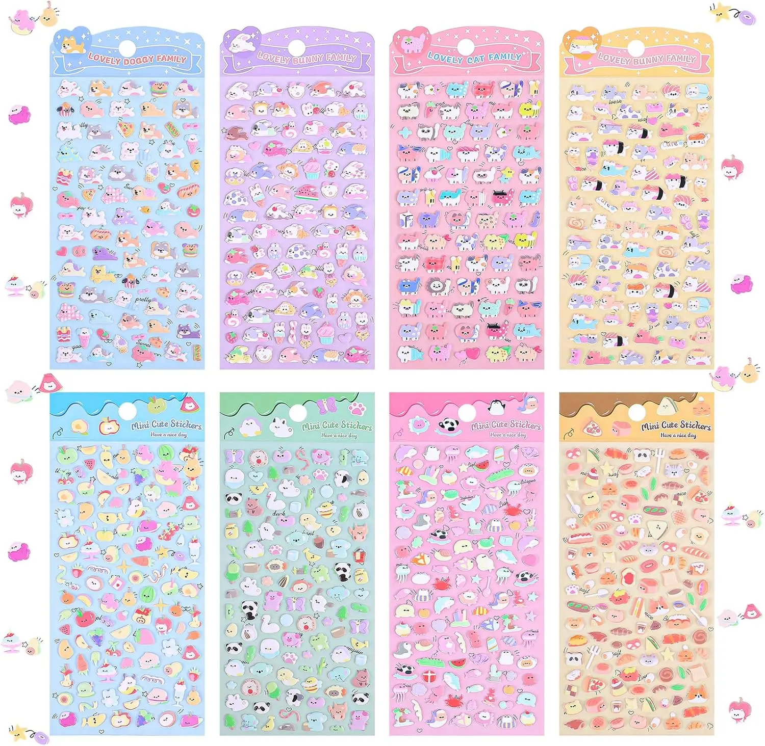 800+ Cute Mini Puffy Stickers Small 3D Tiny Micro Bulk Sticker Set for Kids and Adults for Rewards,Phone Case,Album-Includes Little Animals,Cats,Food & More Perfect for Craft and Gift-8 Sheets