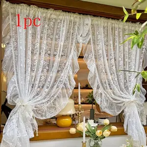 1pc Vintage Floral Embroidered Lace Curtain, Elegant Ruffle Semi-Transparent Privacy Sheer Curtains for Living Room or Bedroom, Window Curtain