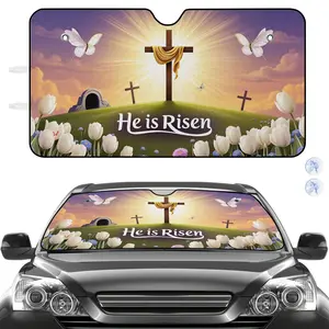 Car Windshield Sunshade Black He Is Risen Cross And Tulips Religious Design | Polyester, Universally Applicable for Easter and Christian Events, Car Accessories