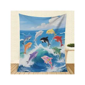 Playful Colorful Dolphins Jumping in Ocean Waves Tapestry
