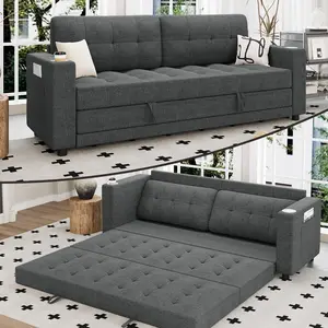 Queen Size 83” Pull-Out Futon Sofa Bed, Thick Upholstered Sleeper Loveseat, Convertible Floor Couch – Dark Grey | HYZQ