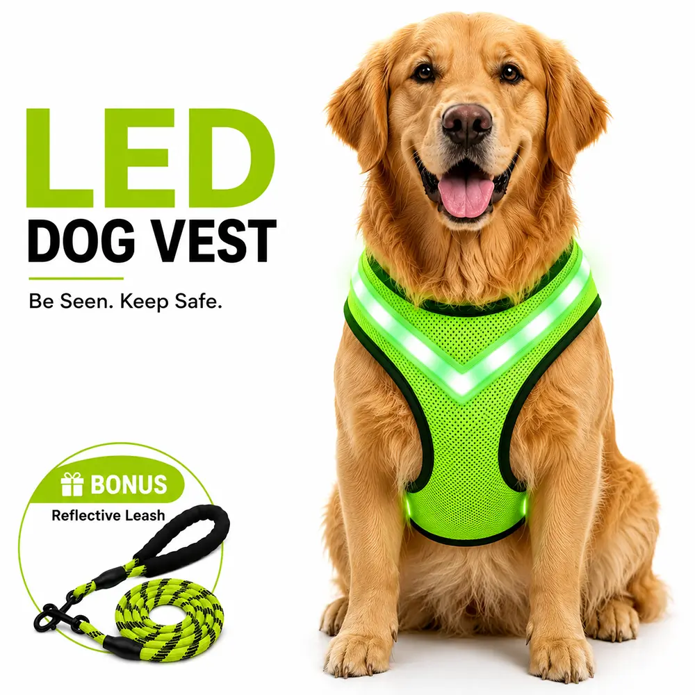 High Visibility LED Dog Vest Harness | 360° Reflective Light-Up, USB Rechargeable, Adjustable, 3 Light Modes, Rainproof (M & L) perfect pet safety leash shock-absorbing night secure buckle