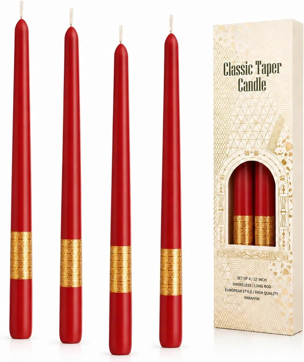 12 Inch Red Taper Candles, Set of 4, Unscented, Decorative Gold Accents | Smokeless wedding decor for dining tables, centerpieces, ceremonies and home; fits most standard holders
