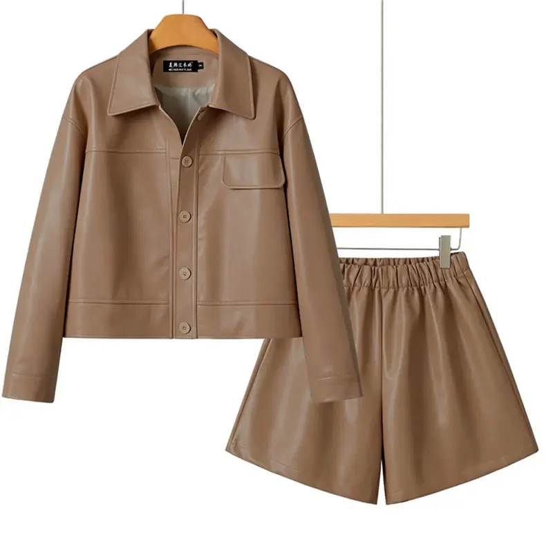Women’s PU Faux Leather Jacket and A-Line Shorts Two Piece Set, Korean Style Lavender Leather Look Cropped Jacket with Matching Shorts, Chic Fall Streetwear Outfit for Going Out, Date Night and Casual Wear S-3XL Clothes Fabric Fashion