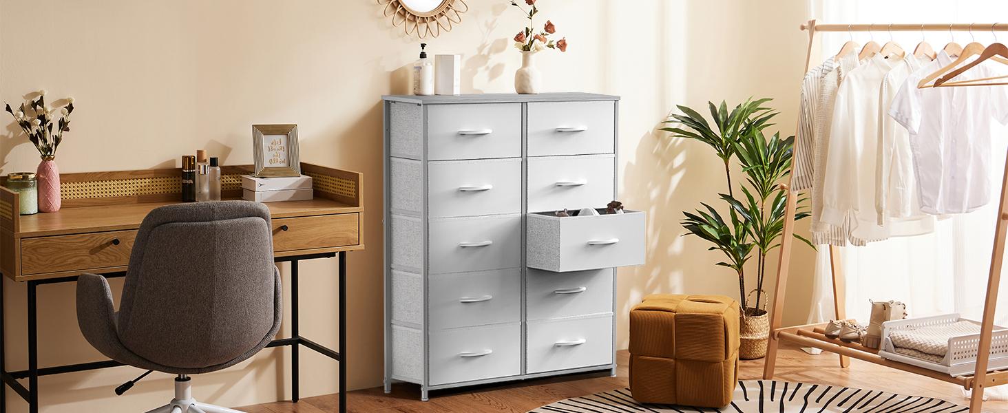 【Deal】Cupboards Cabinets Dresser - Fabric Storage Tower with 10 Drawers, Bedroom Organizer, Chest of Drawers with Fabric Bins