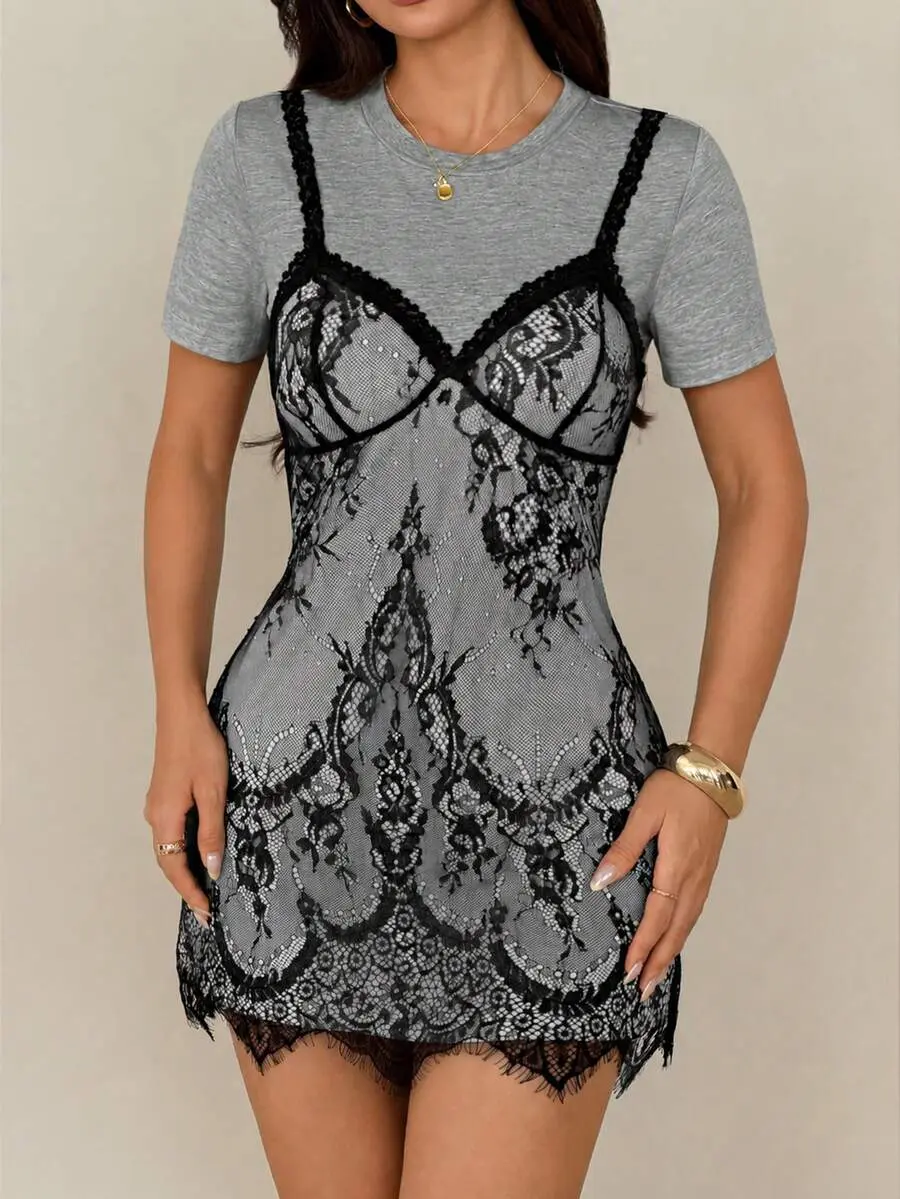 SEELEN Girl Style Sexy Lace 2 In 1 Short Sleeve Dress Night Out Light Grey Black Summer