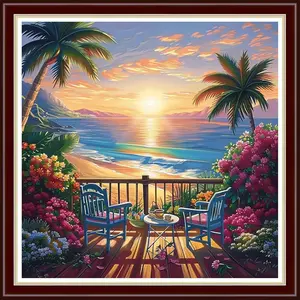 Kits for Beginners Stamped-Supplies Needlework preprint Embroidery Kits for Adults DIY Needlepoint Kit Embroidery Patterns 11CT-Seaside Tea Scenery 18x18 inch