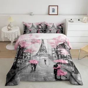 Paris Comforter Set,Eiffel Tower Bedding Sets,Paris Themed Bedroom Decor Watercolor Cherry Blossoms Comforter,Couple Retro Pink Grey Quilt Duvet