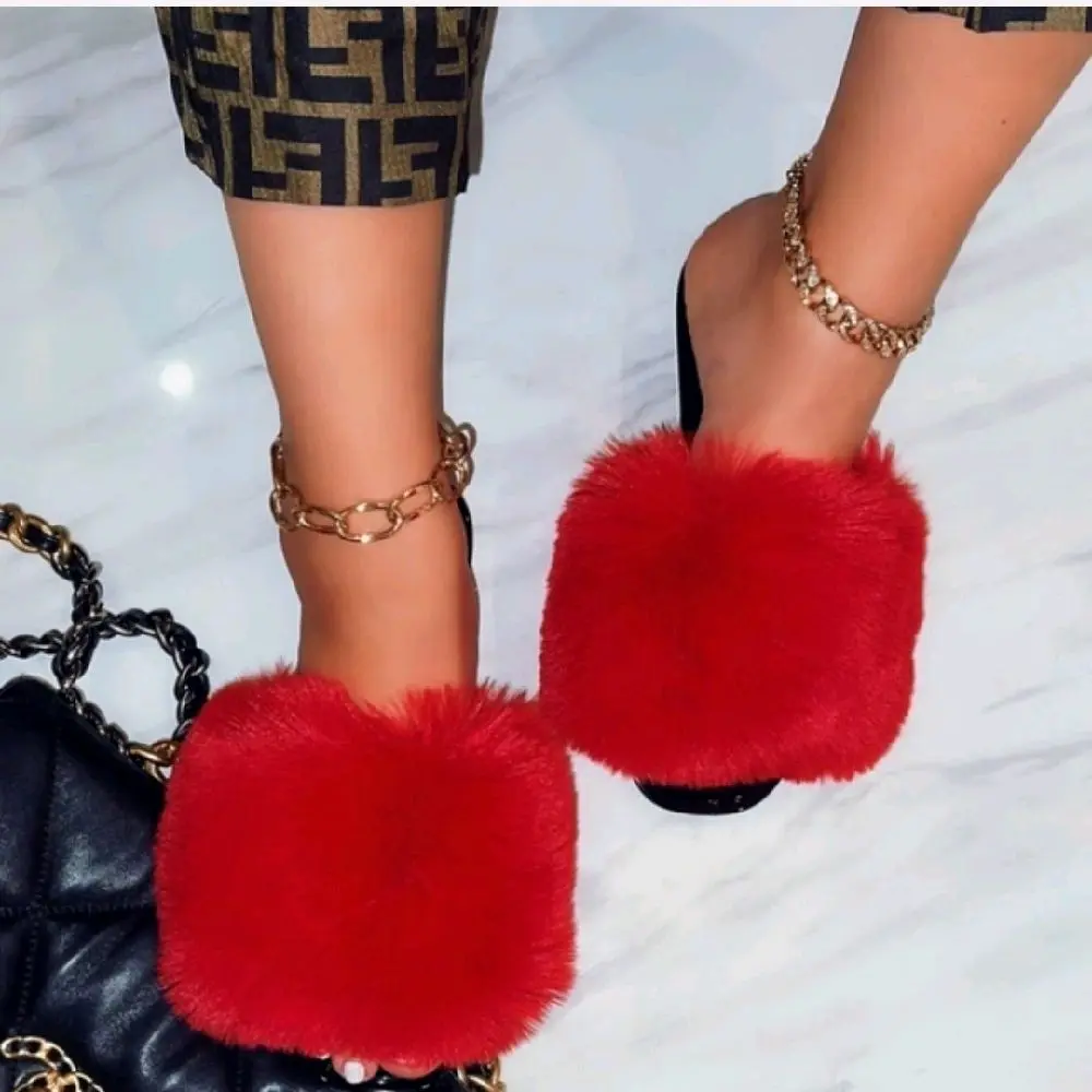 Plush Faux Fur Jelly Slip-On Sandals