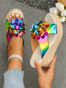 Rainbow Flower Wedge Slides | Espadrille Platform Sandals, Y2K Summer Essentials, Comfy Chunky Heel, Versatile (Rainbow/Silver/White)