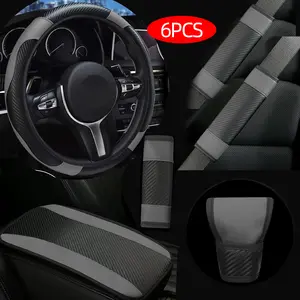 Carbon Fiber Leather 6pcs Car Steering Wheel Cover Set Suitable for 14.96 Inches, Universal Shoulder Safety Belt Cover, Hand Box Pad, Gear Knob Cover, Interior Set Combination, Suitable for Men and Women