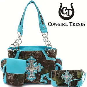 Camouflage Cross Wings Western Style Studded Handbag Tooled Purse Country Women Shoulder Bag Pouch Wallet Set