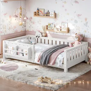 [Bellemave] Montessori Floor Bed Frame with Built-in Bookshelf, Wood Platform Bed with Safety Guardrail  for Boys & Girls, Easy Assembly