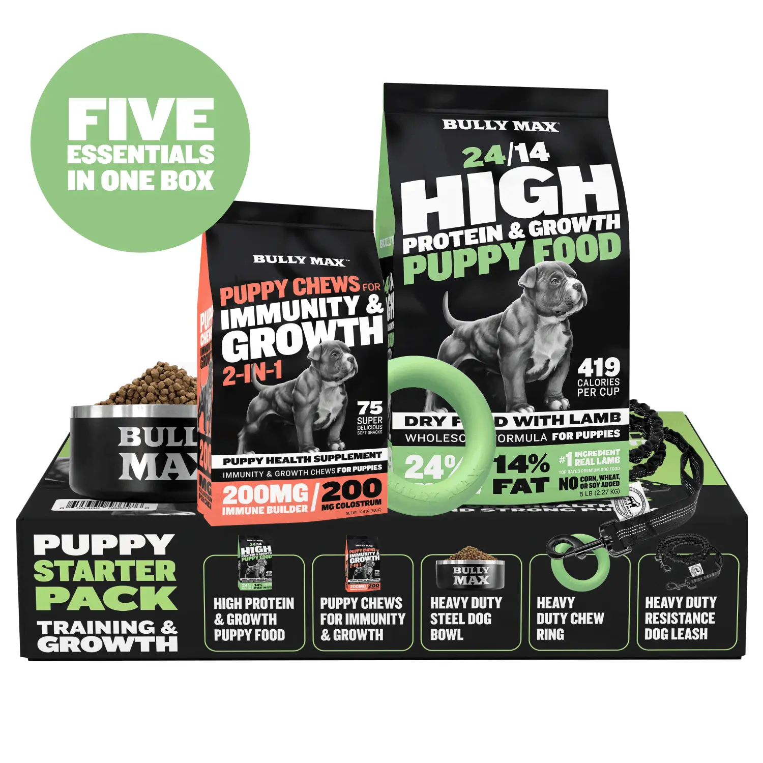 Bully Max Puppy Starter Pack: High Protein Puppy Food, Soft Chews for Immunity, and Training Gear for Growth