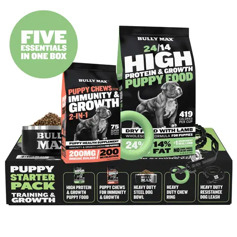 Bully Max Universal Puppy Complete Starter Kit - 32 oz Corn-Free High-Protein Brown Rice Kibble, Colostrum Immune Support Soft Chews, Puppy Training Treats, 12-Month Canine Steel Bowl for Feeding & Care