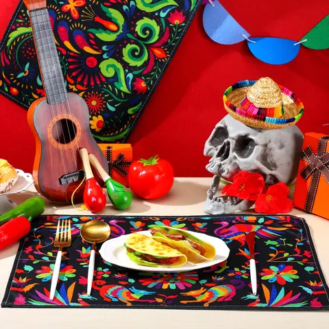 6 Pcs Mexican Otomi Kitchenware Placemats (12"x18") - Sturdy Fiber, Easy-Clean, Vibrant Household Placemat for Cinco De Mayo, Christmas, 6 Mats for Groups, Elevates Mexican Fiesta Dining Tables, Indoor Outdoor Dinnerware Decor, Mexican Day Of The Dead Vib